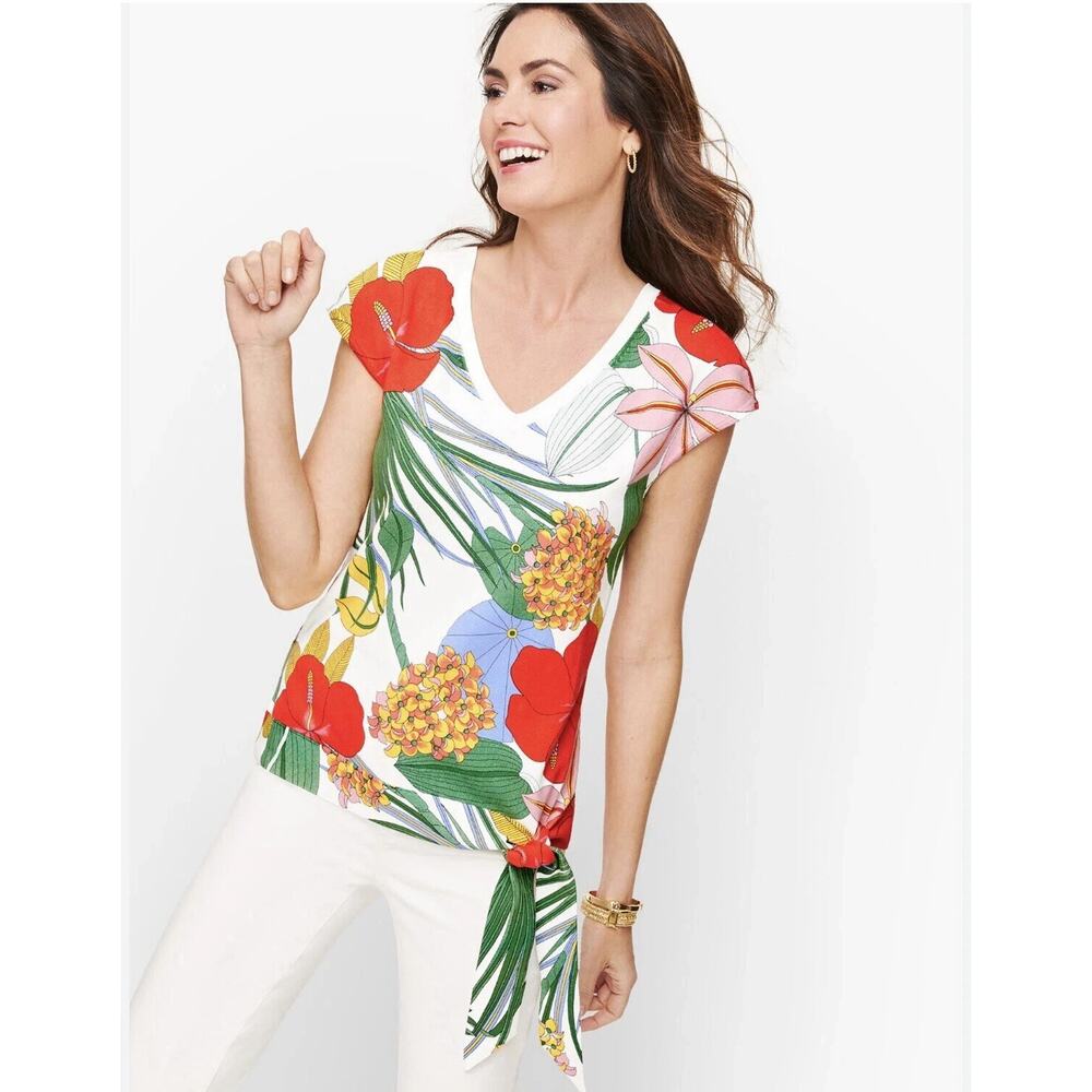Talbots Sweater Womens Size M Side Tie Double V-Neck‎ Floral Hibiscus Tropical